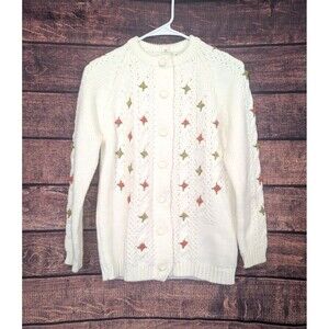 Vintage Granny Core Cream‎ Sweater Cardigan with 3D roses Size 36 XS??